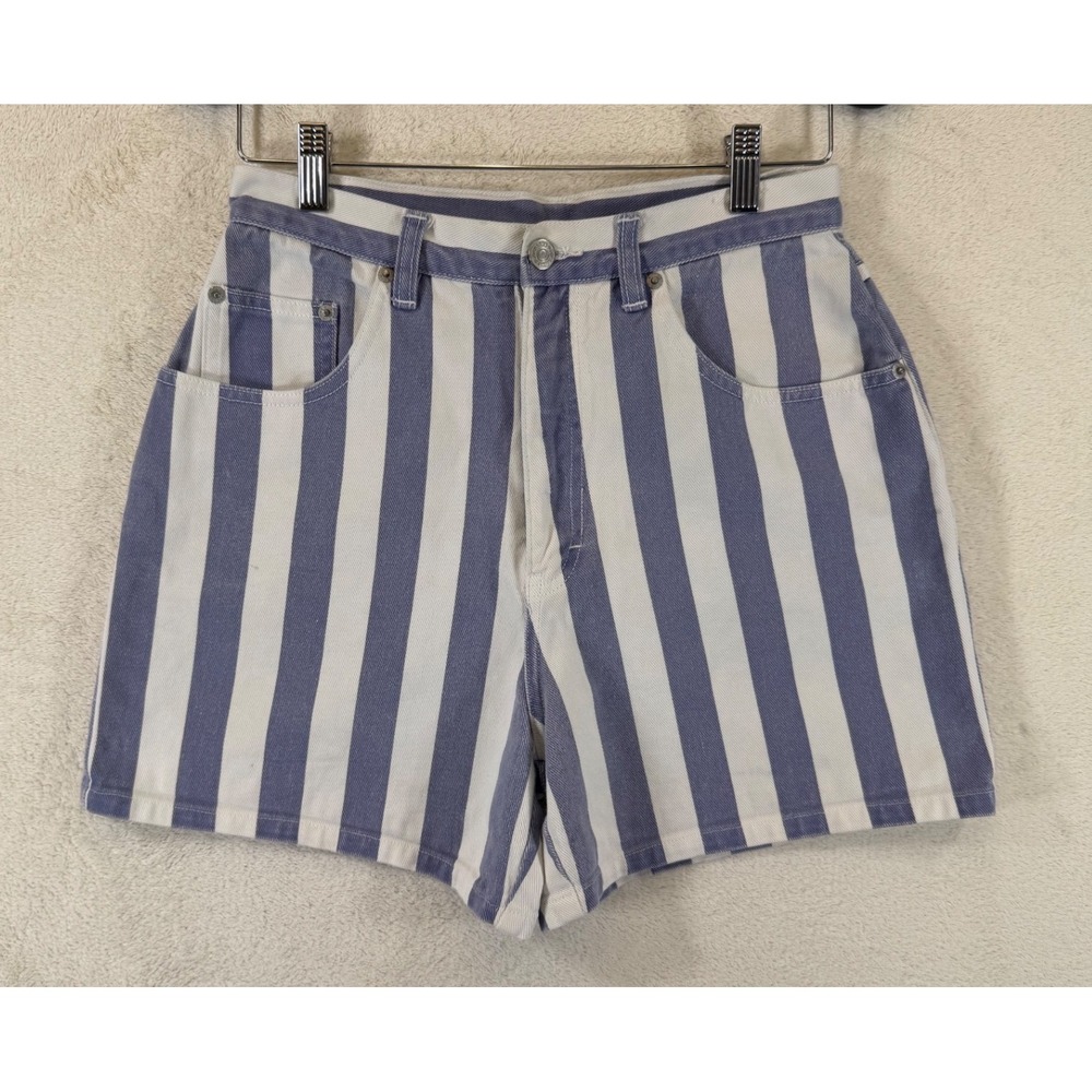 Vintage Jordache High Rise Striped Denim Shorts Purple White Women's Size 10 90s